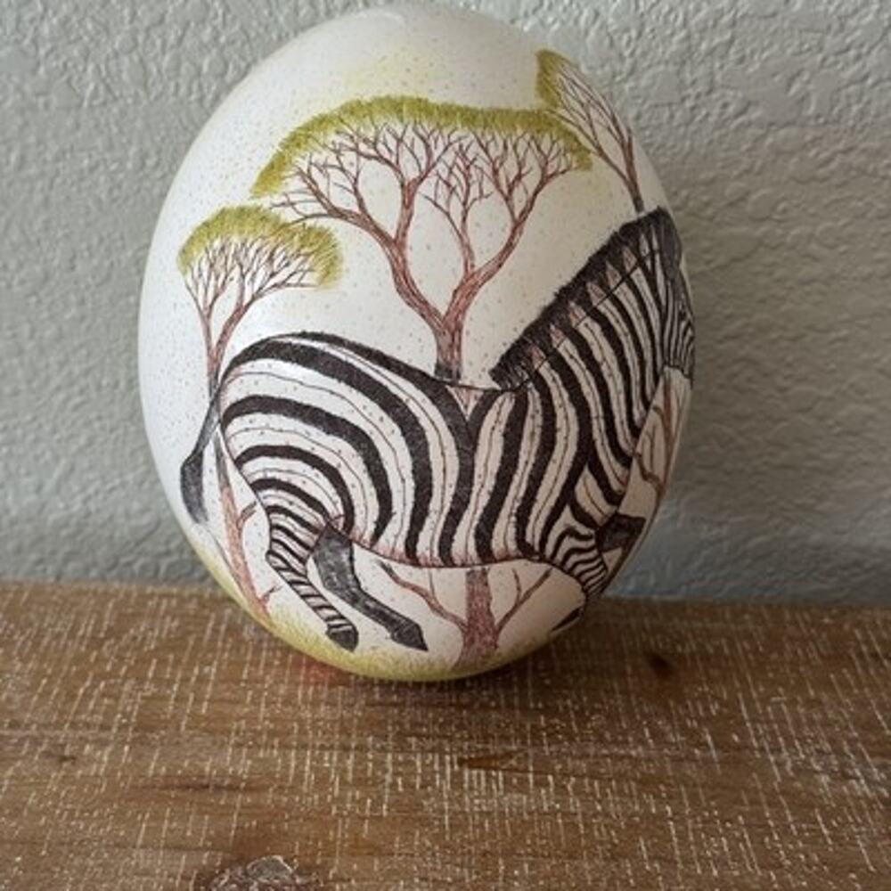 Vintage Hand Painted Ostrich Egg Zebra Safari Decorative Artist Signed S.M.